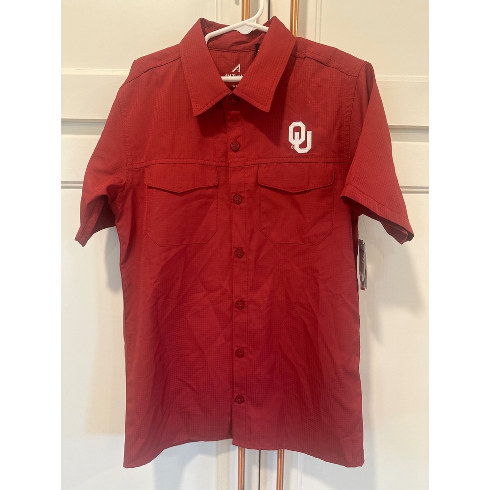 Antigua Oklahoma Sooners Youth Medium Red Game Day Button Down Shirt UPF 50+ NWT